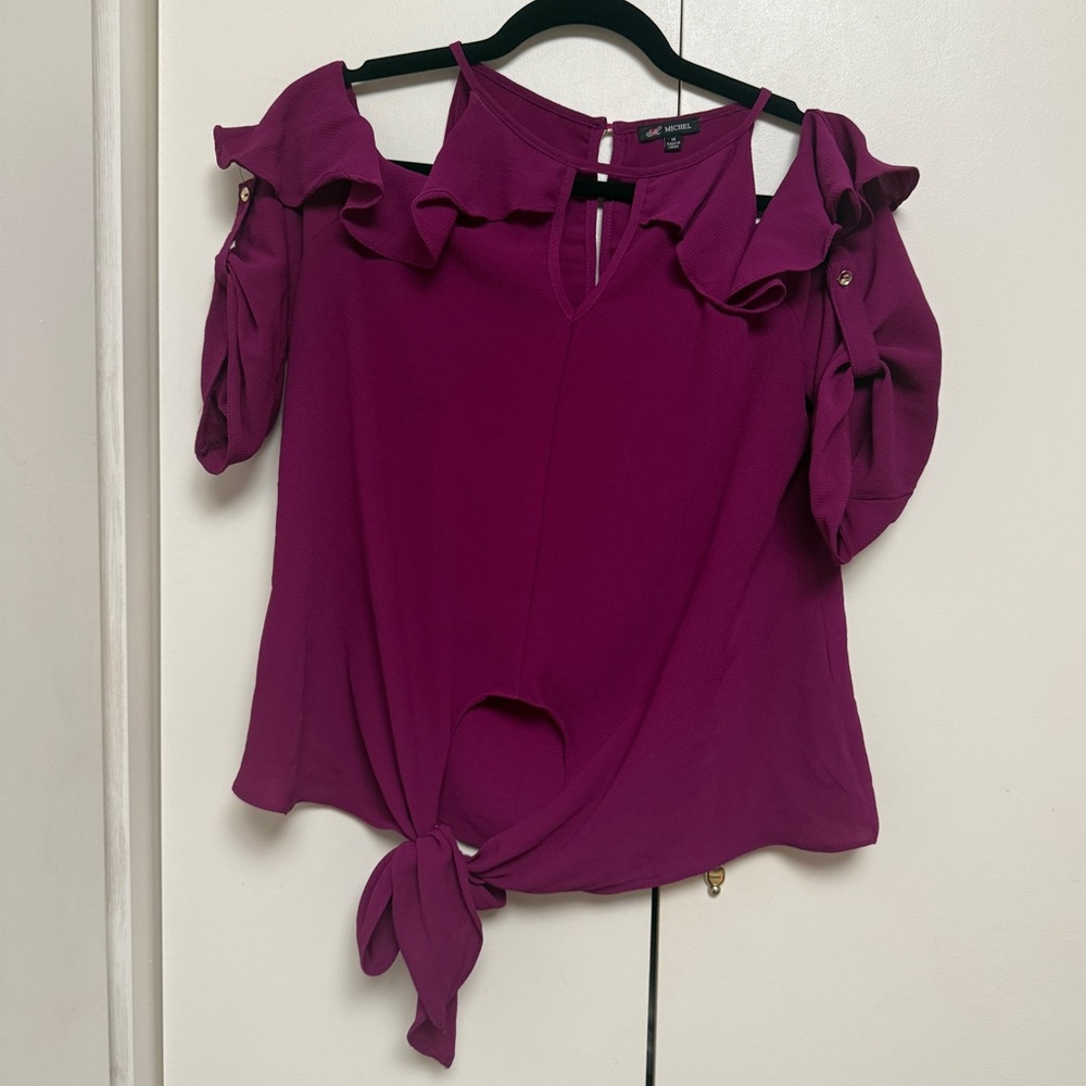 Michel Deep Fuchsia Ruffle Cold-Shoulder Tie-Front Blouse Size M - Picture 5 of 6